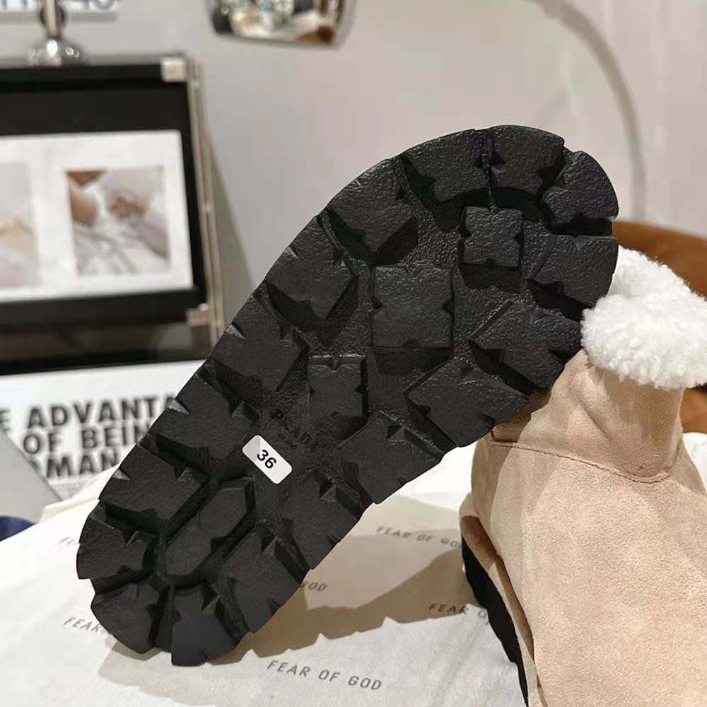 GIÀY Prada Unisex Shearling Booties with Rubber Triangle Logo