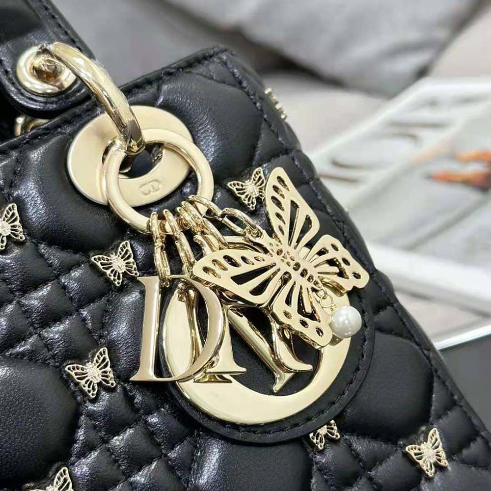 TÚI Dior Women Small Lady Dior Bag Black Cannage Lambskin with Gold-Finish Butterfly Studs