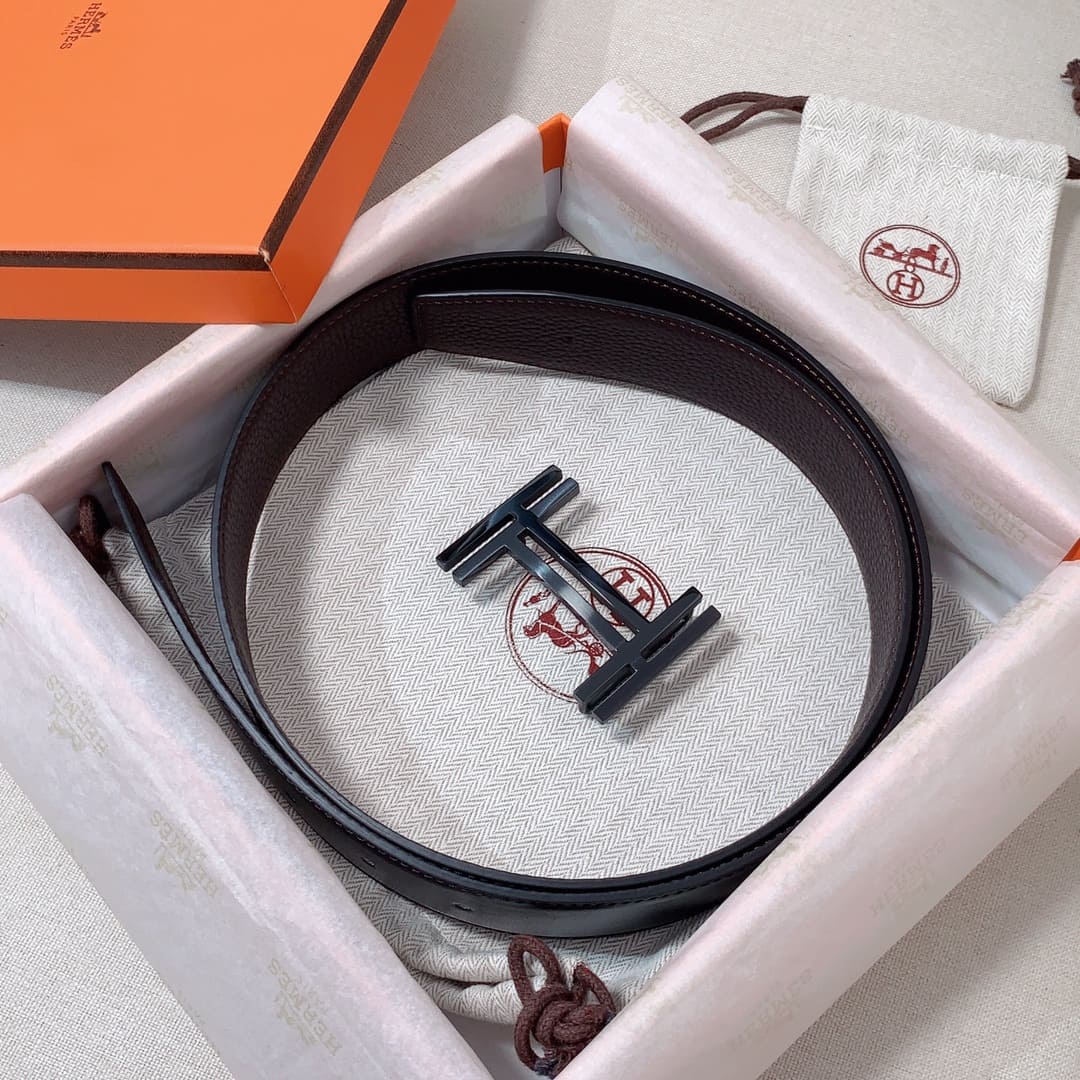 DÂY LƯNG HERMES Double H Matte Black Togo leather hai mặt khóa đen