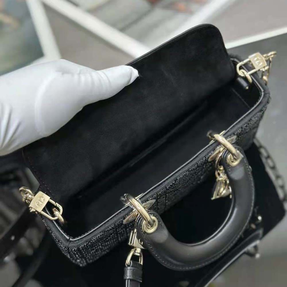 TÚI Dior Women Small Lady D-joy Bag Black Cannage Cotton with Micropearl Embroidery