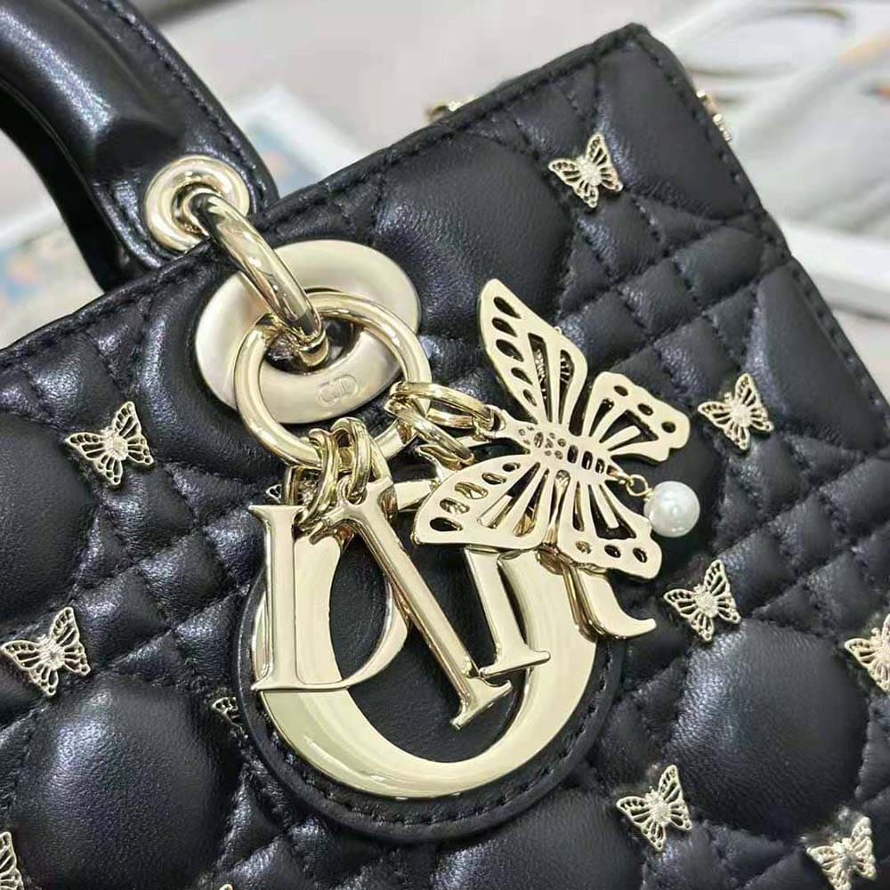 TÚI Dior Women Medium Lady D-joy Bag Black Cannage Lambskin with Gold-Finish Butterfly Studs