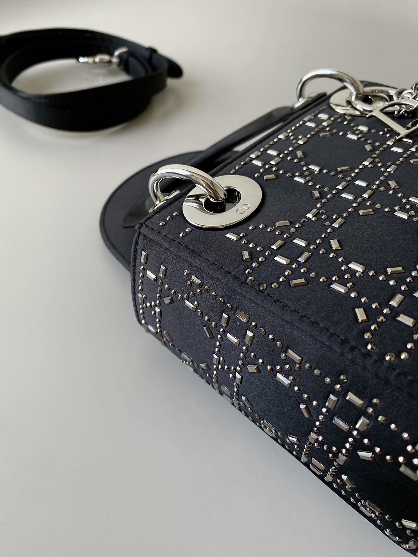 TÚI Dior Women Mini Lady Dior Bag Black Strass Cannage Satin Top Quality