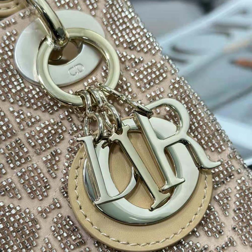 TÚI Dior Women Mini Lady D-joy Bag Caramel Beige Cannage Cotton Embroidered with Micropearls