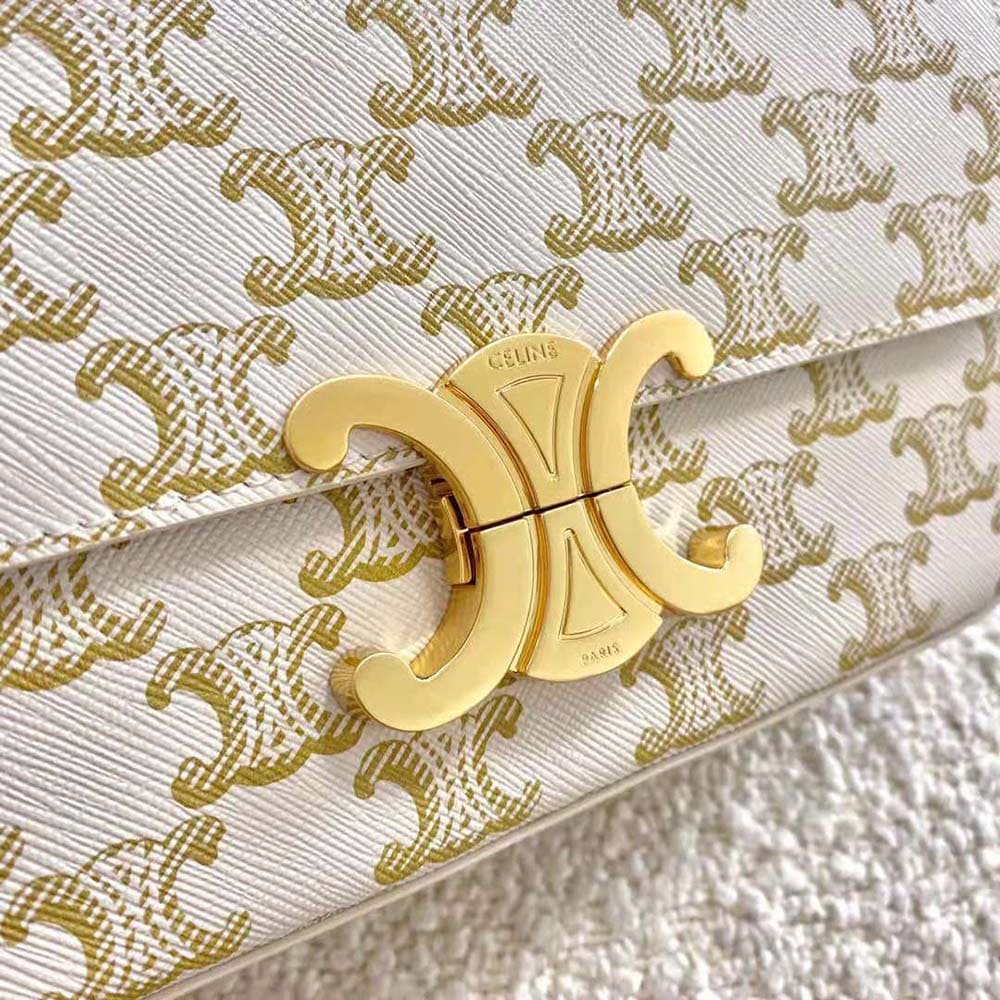 TÚI Celine Women Triomphe Shoulder Bag in Triomphe Canvas and Calfksin-White