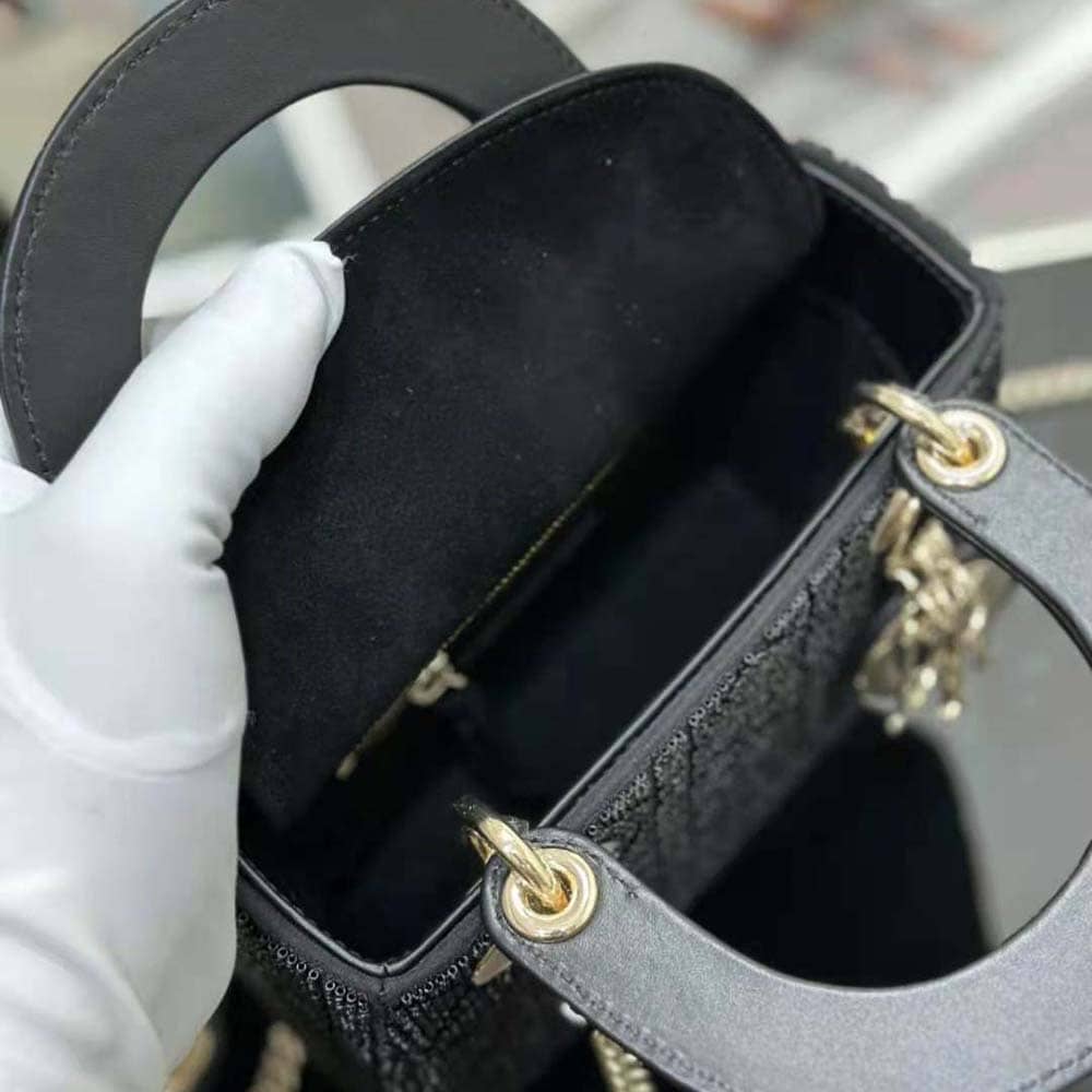 TÚI Dior Women Mini Lady D-joy Bag Black Cannage Cotton with Micropearl Embroidery