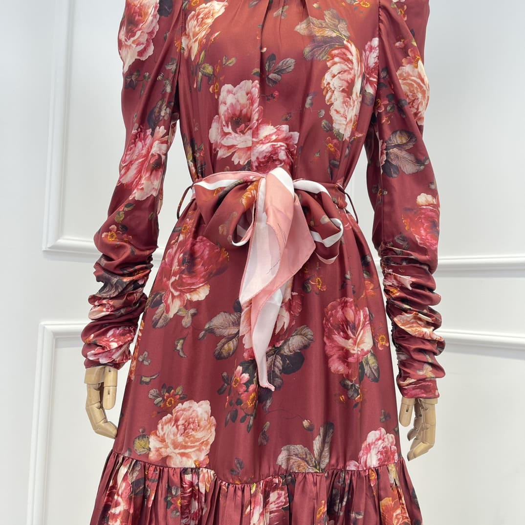 VÁY ZIMMERMANN Pink Rose Print Red Midi Dress with belt High Classy