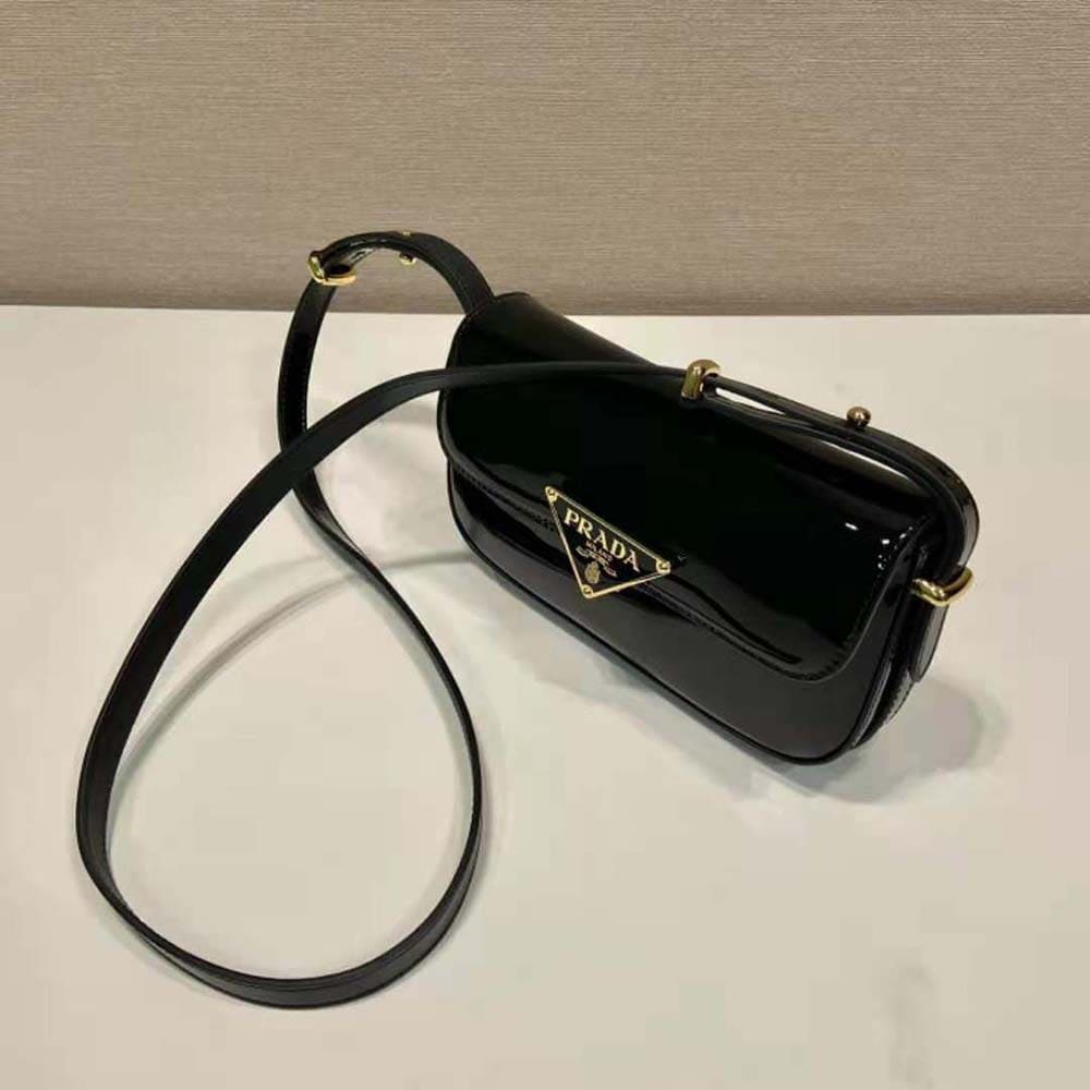 TÚI PRADA Women Patent Leather Shoulder Bag with Flap-Black