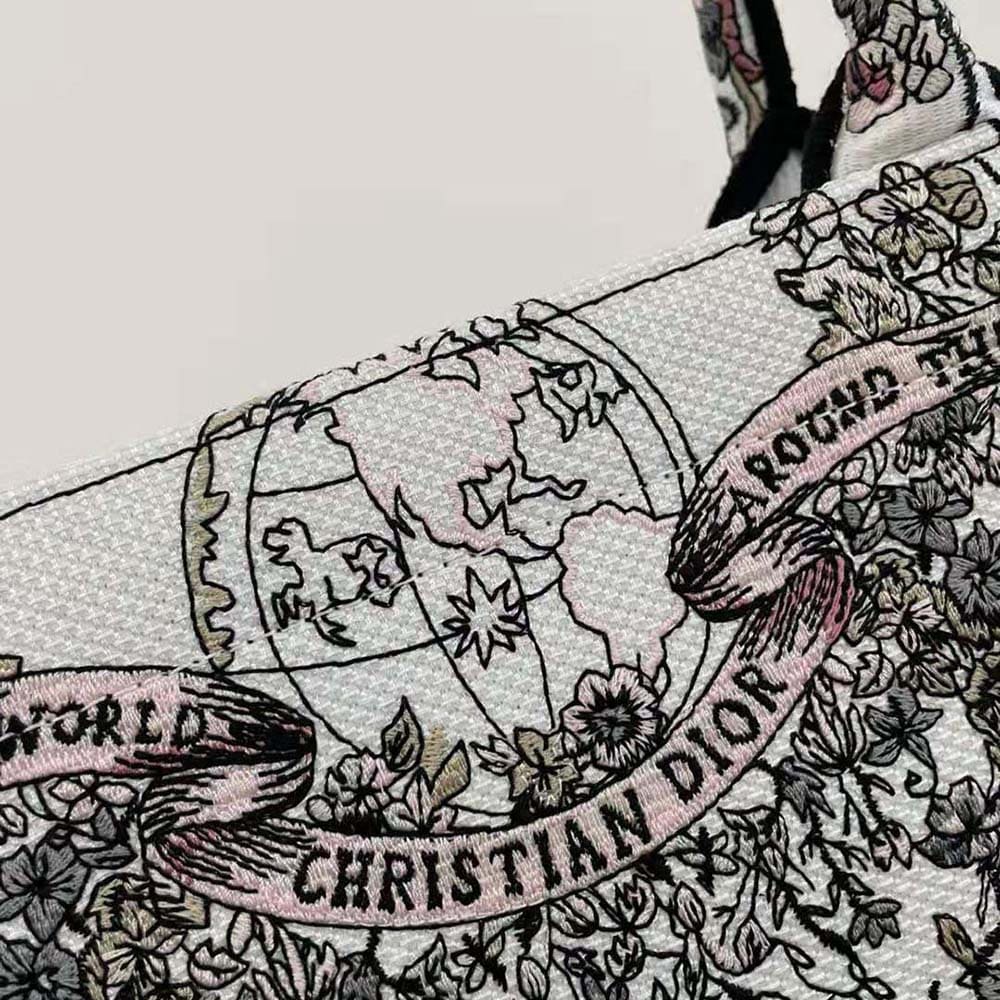 TÚI Dior Women Large Dior Book Tote White and Pastel Pink Butterfly Around The World Embroidery