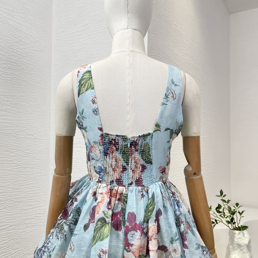 VÁY ZIMMERMANN Holiday Blue Floral Pirnt Ruched Sleeveless High-low Midi Dress High Classy