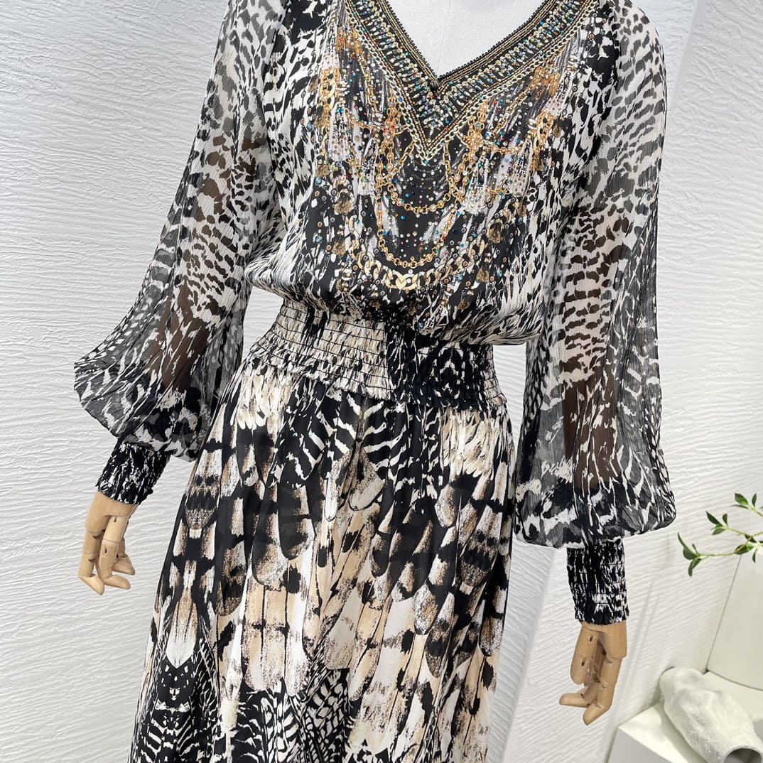 VÁY CAMILLA WorldCloset Animal Leopard Print Long Sleeve Diamonds Midi Dress High Classy