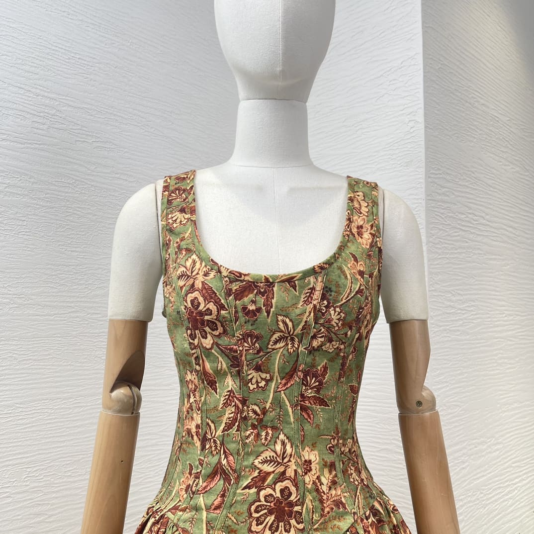 VÁY ZIMMERMANN Green Square Collar Sleeveless Floral Print Mini Dress High Classy