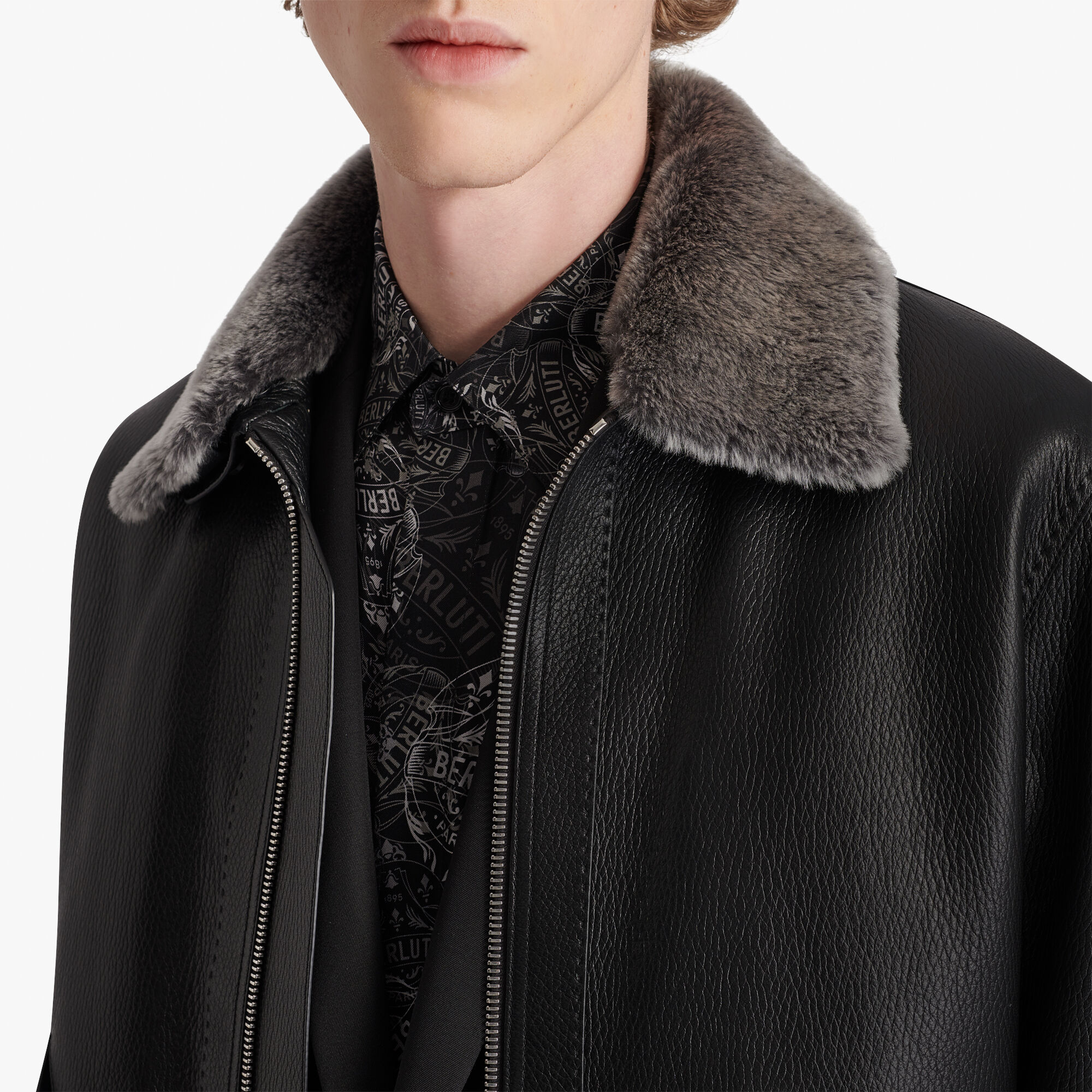 ÁO BERLUTI FUR COLLAR NOIR leather jacket SS2021