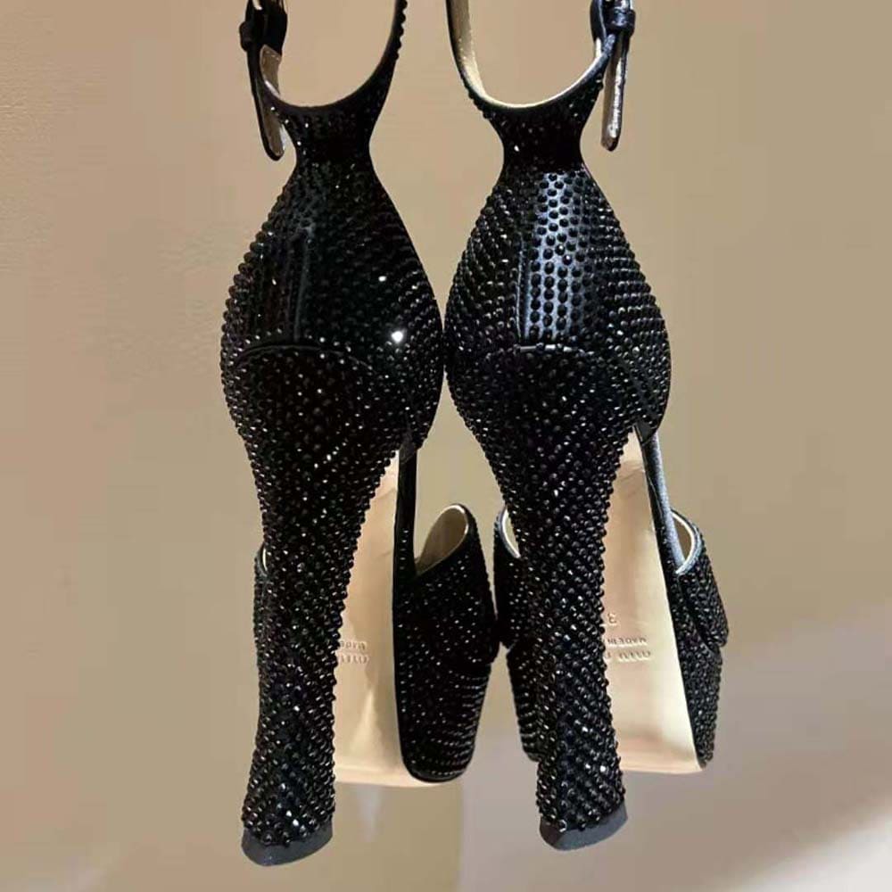GIÀY Miu Miu Women Satin Platform Sandals with Crystals-Black