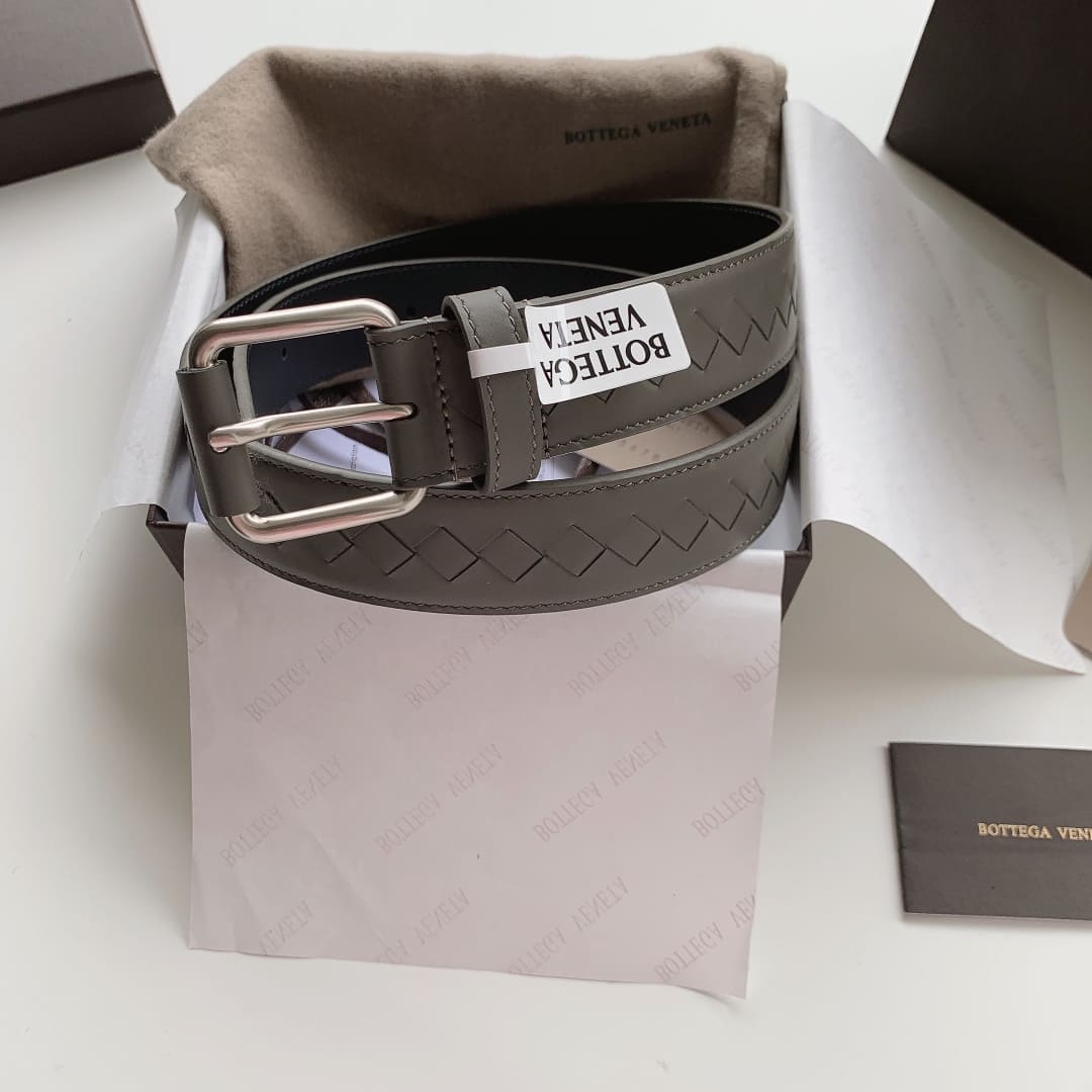 DÂY LƯNG BOTTGA VENETA GRAY INTRECCIATO LEATHER Khóa bạc