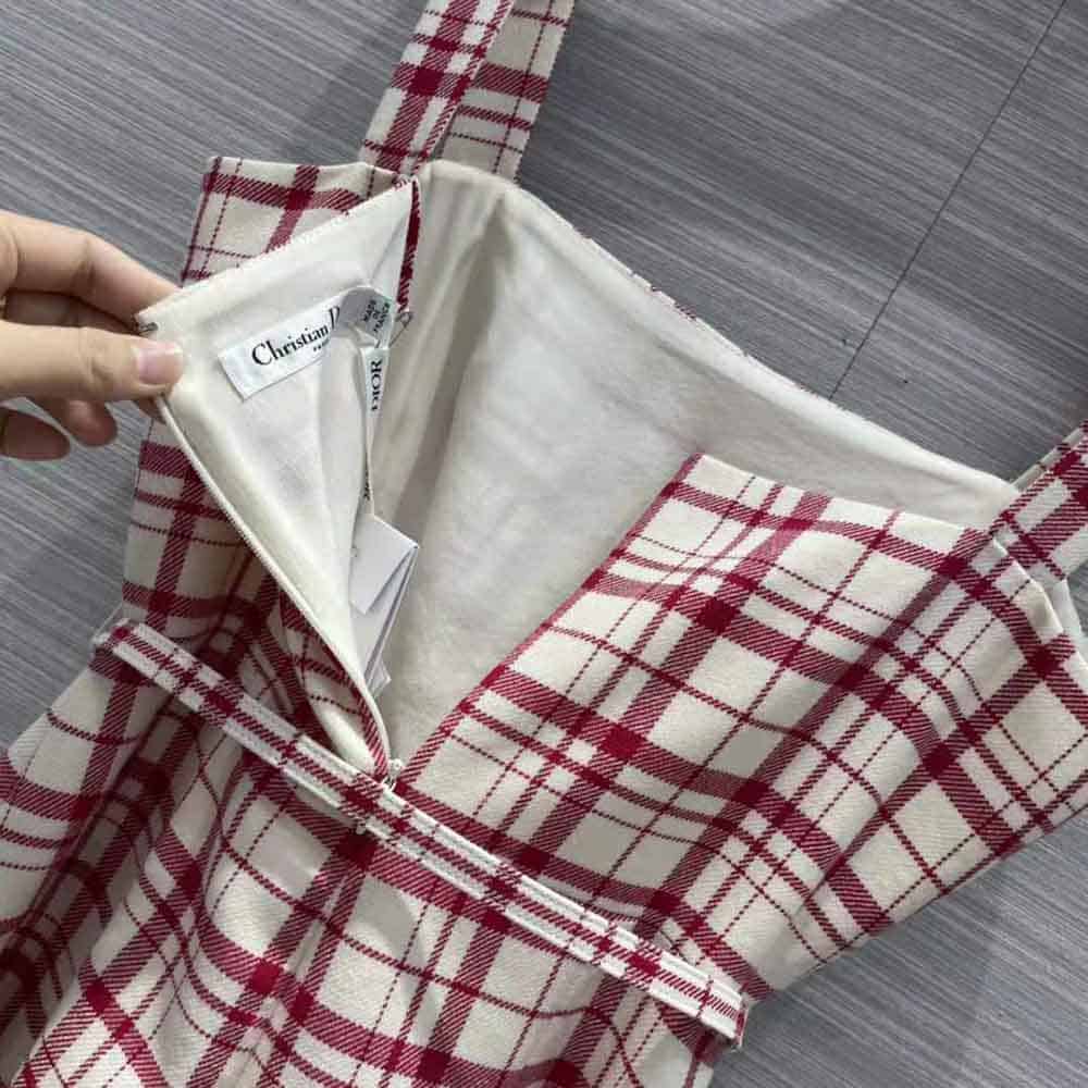 Váy Dior Women Short Dress Raspberry and White Check n Dior Pop Wool Twill