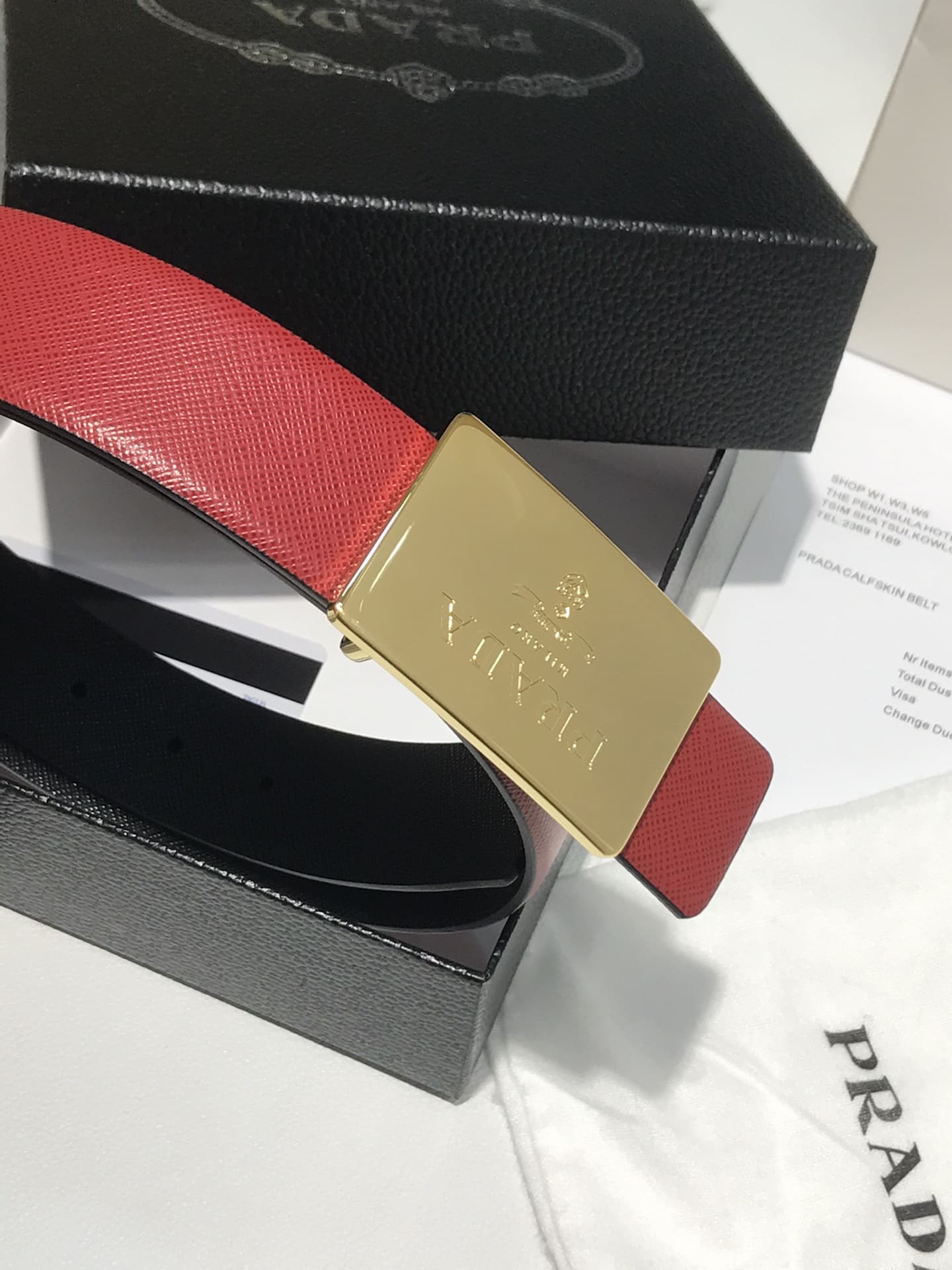 DÂY LƯNG PRADA RED SAFFIANO LEATHER Khóa vàng