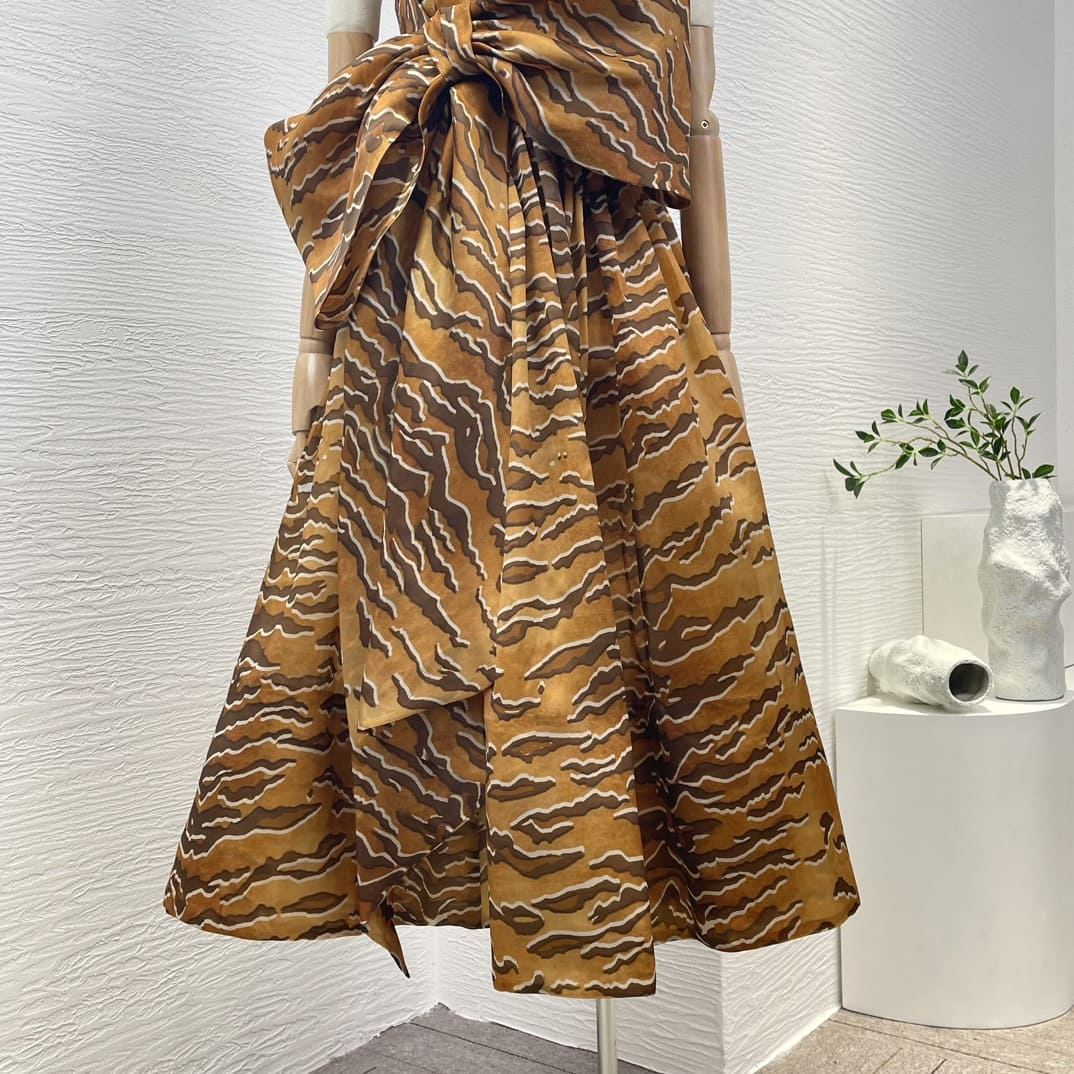 VÁY ZIMMERMANN Camel Tiger Striped Strapless Sleeveless Bow Midi Dress High Classy