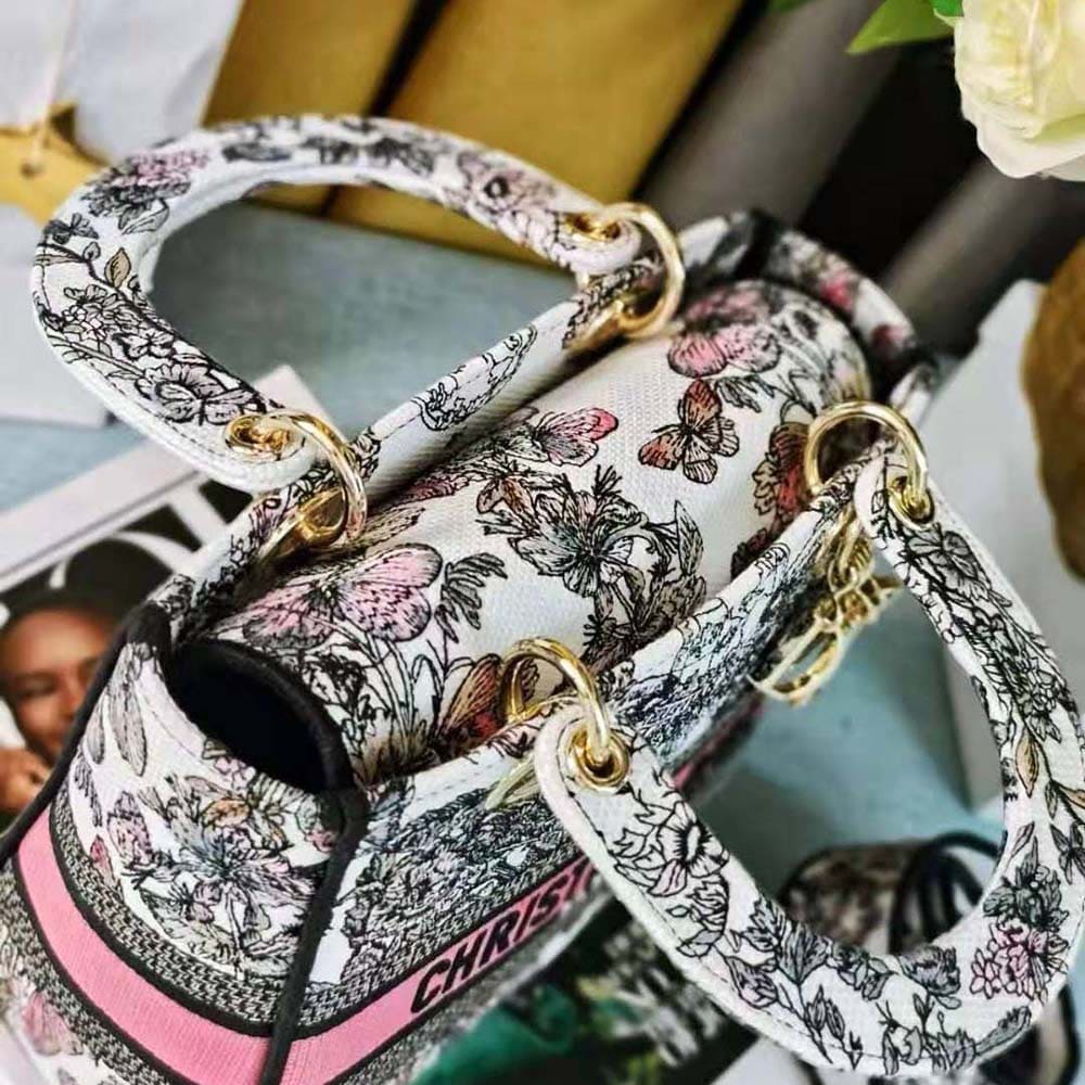 TÚI Dior Women Medium Lady D-lite Bag White and Pastel Pink Butterfly Around The World Embroidery