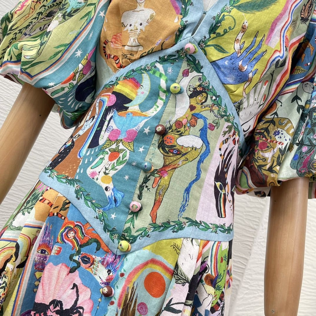 VÁY CAMILLA Portrait Cartoon Floral Print Short Sleeve Midi Dress High Classy