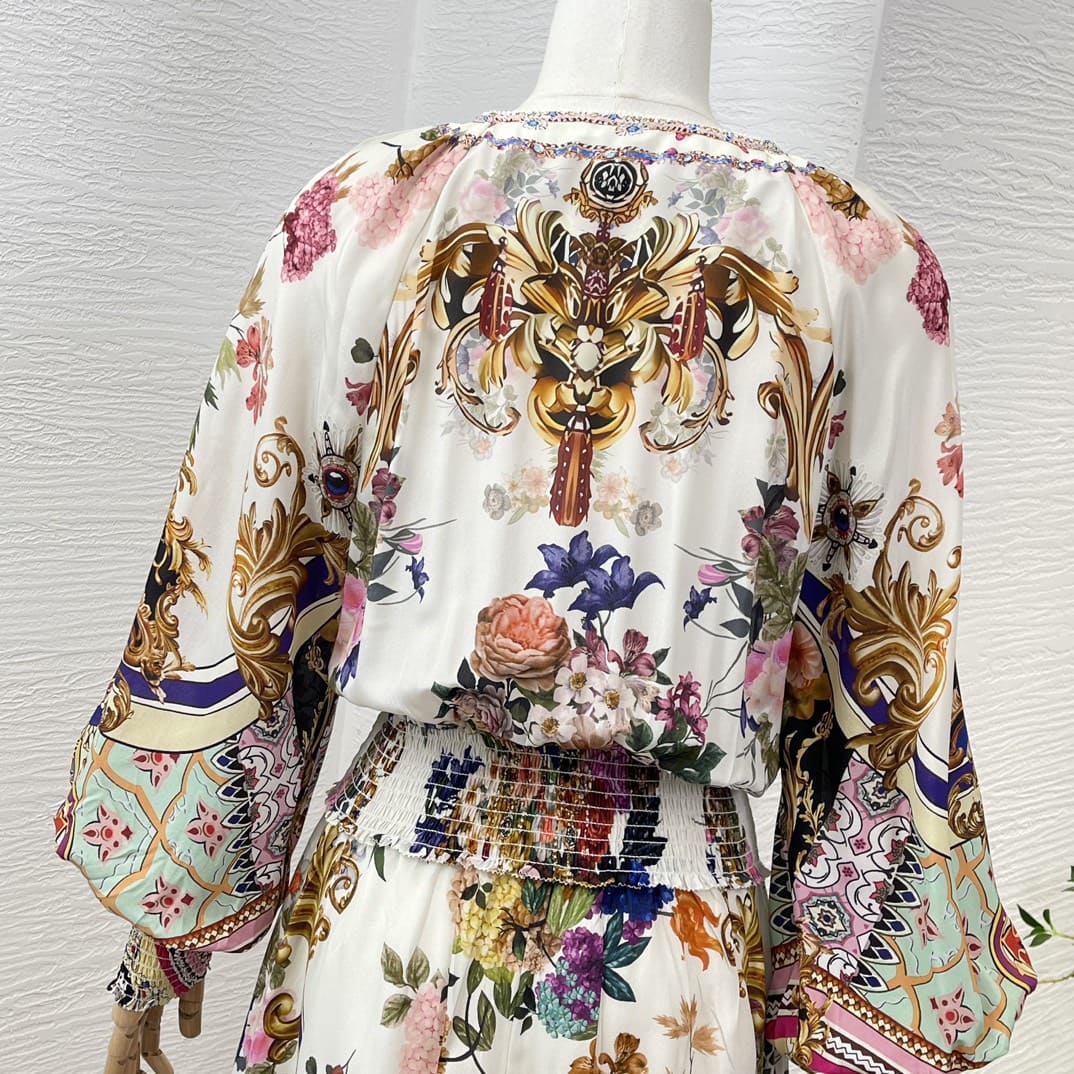 VÁY CAMILLA WorldCloset Floral Print White Long Sleeve Diamonds Midi Dress High Classy