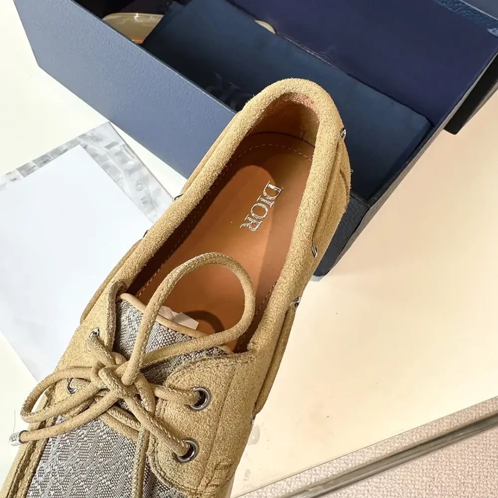 GIÀY DIOR Granville Boat Shoe Beige Suede and Beige Dior Oblique Jacquard