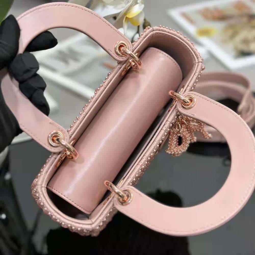 TÚI Dior Women Small Lady Dior Bag Rose Des Vents Cannage Calfskin Embroidered with Resin Pearls