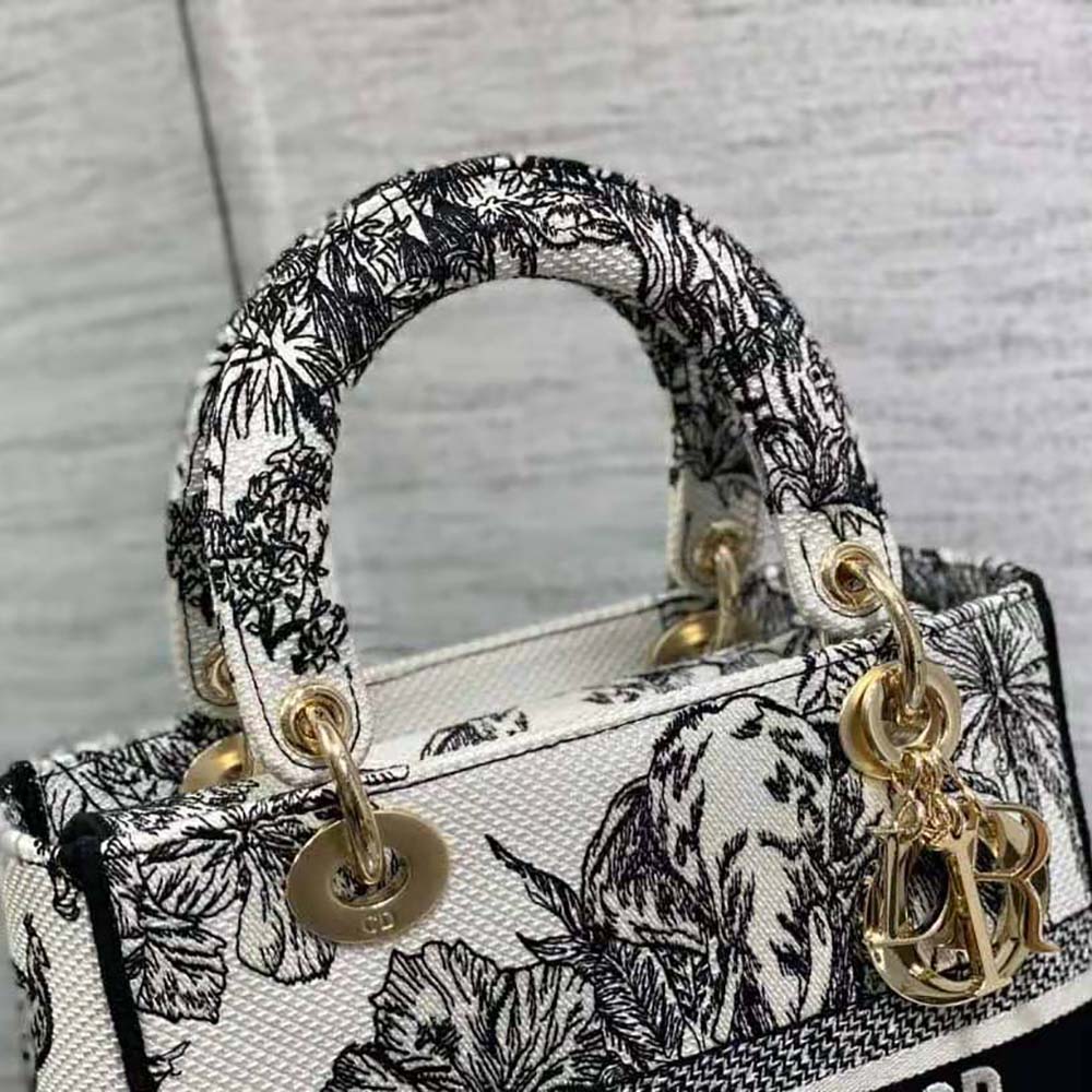 TÚI Dior Women Medium Lady D-lite Bag White and Black Toile de Jouy Voyage Embroidery