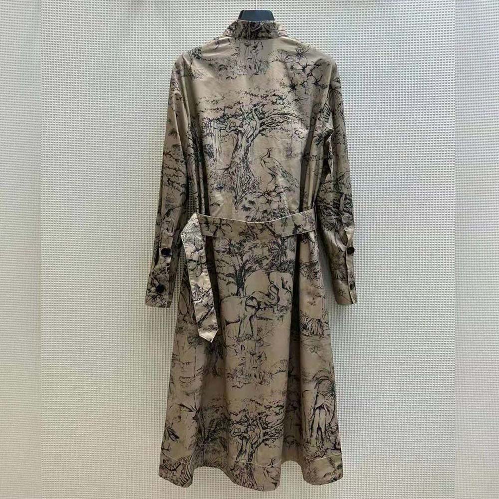 VÁY Dior Women Belted Shirt Dress Beige Cotton Gabardine with Toile de Jouy Voyage Motif