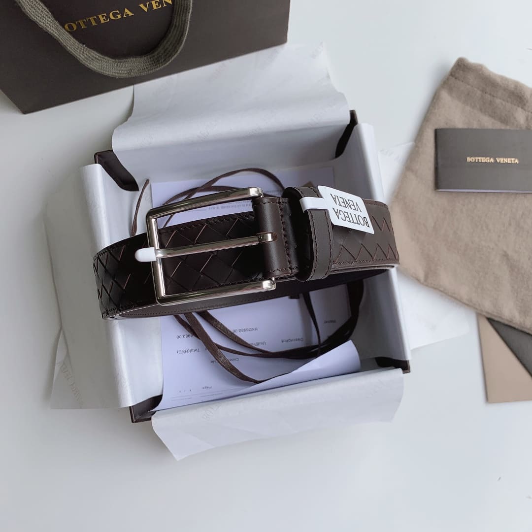 DÂY LƯNG BOTTGA VENETA BROWN INTRECCIATO LEATHER Khóa bạc