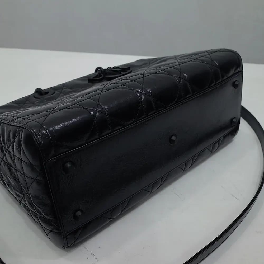 TÚI DIOR Women Large Lady D-Sire Bag Black Macrocannage Crinkled Calfskin