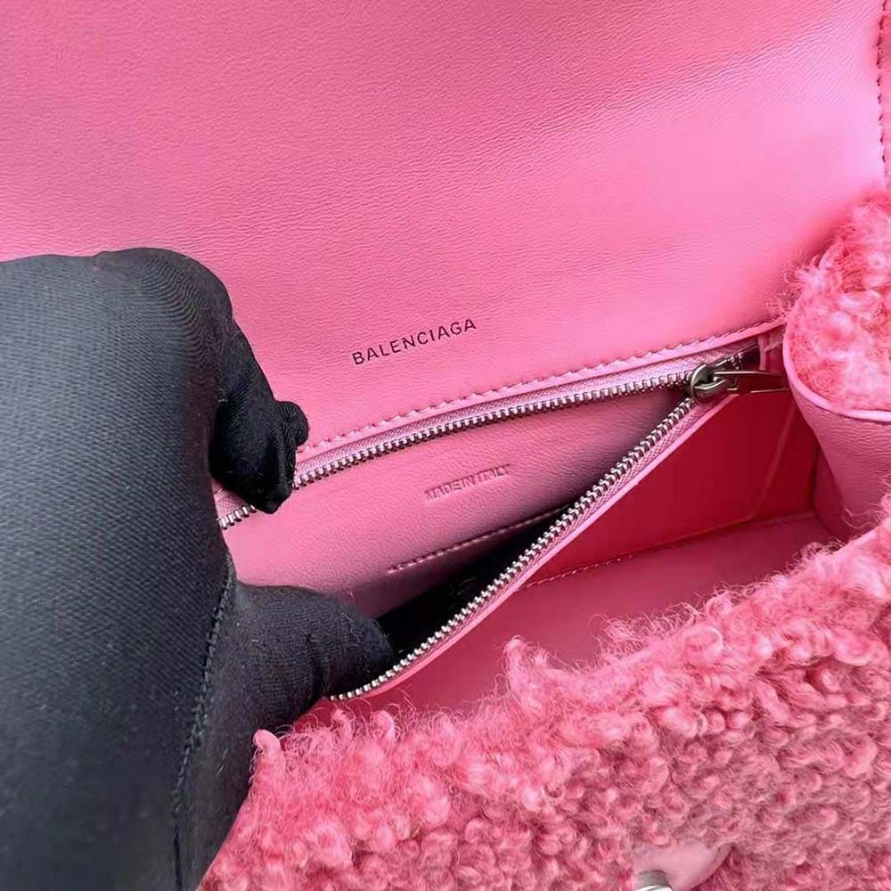 TÚI Balenciaga Women Furry Hourglass Small Handbag with Strap in Pink