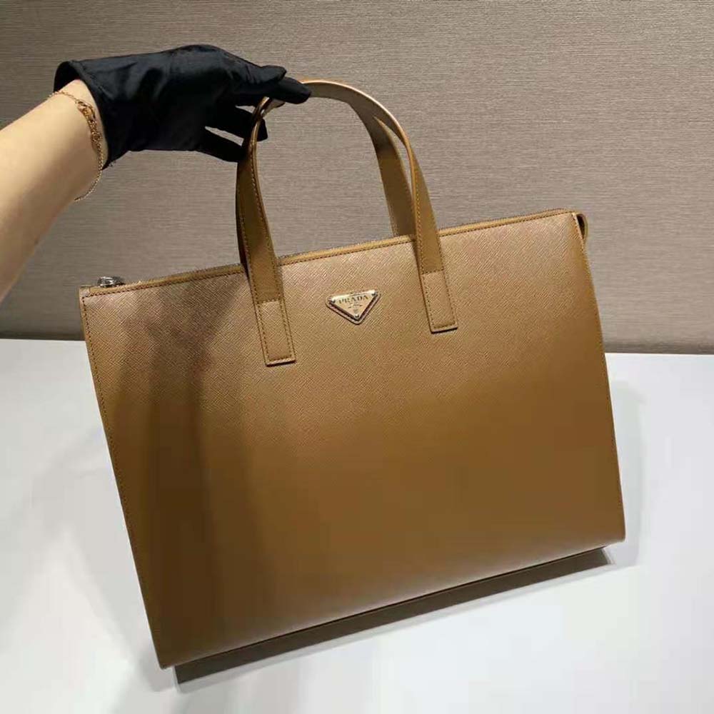 TÚI Prada Men Saffiano Tote with a Crosshatch Pattern and Wax Finish-Brown