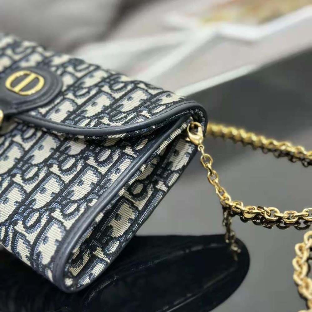 TÚI Dior Women Bobby East-west Pouch with Chain Blue Dior Oblique Jacquard