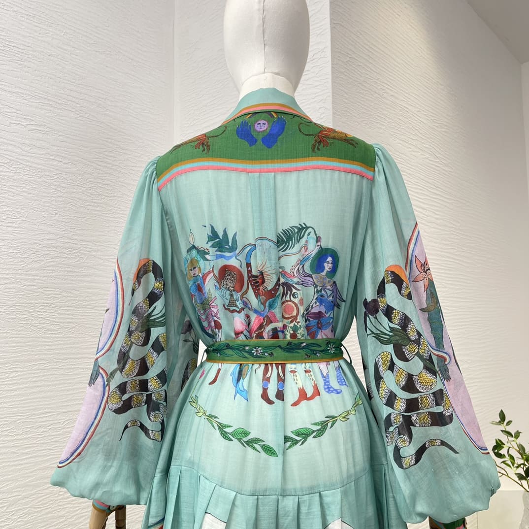 VÁY ZIMMERMANN Green Ramie Animal Printed Long Sleeve Loose Dress High Classy