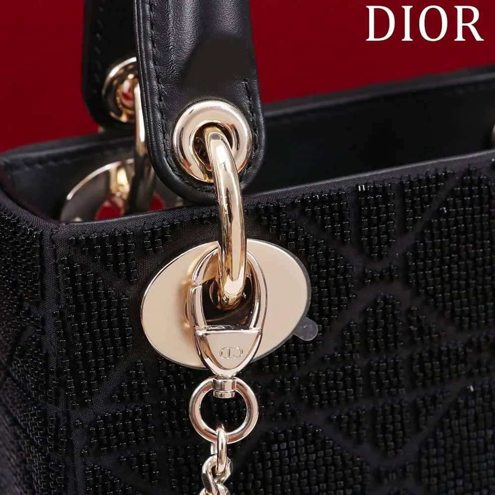 TÚI Dior Women Micro Lady Dior màu xám ánh kim Cannage da cừu thêu hạt