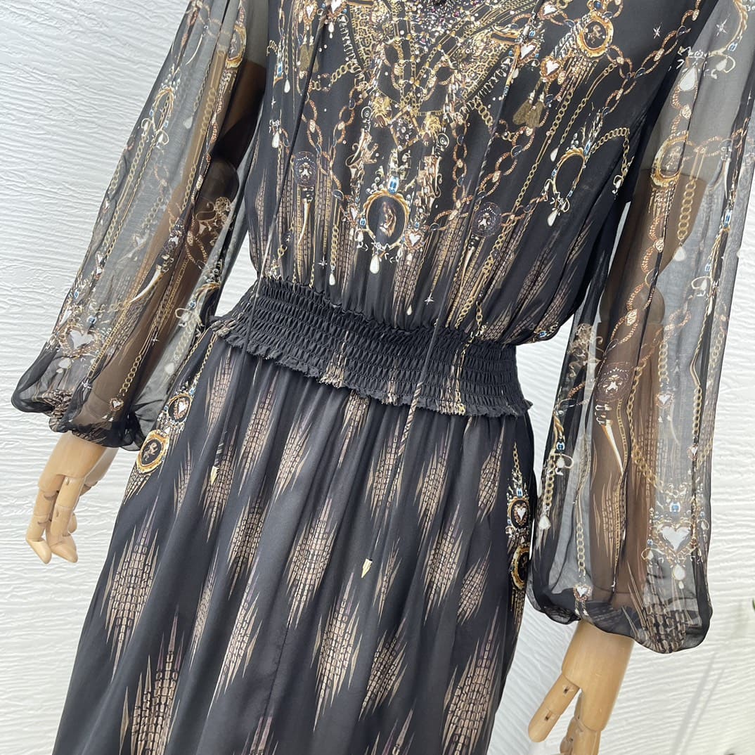 VÁY CAMILLA Vintage Black Leopard Print Midi Dress High Classy