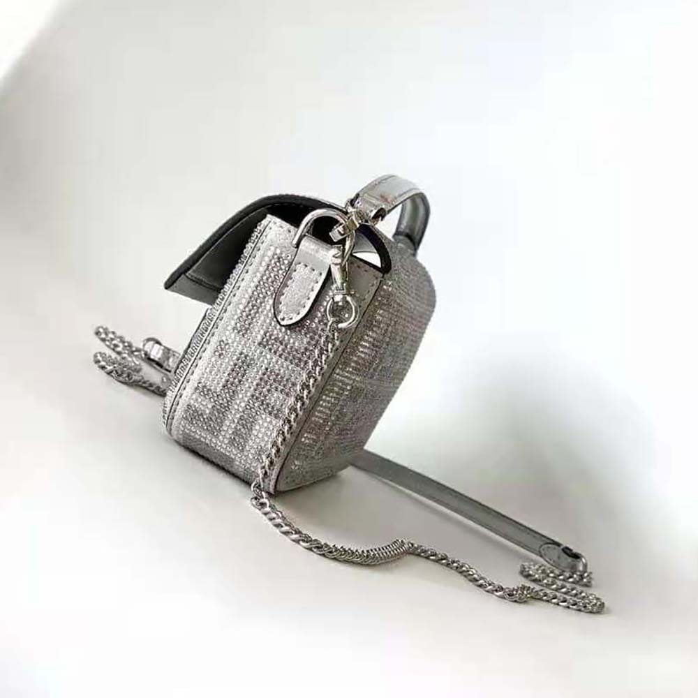 TÚI FENDI Women Baguette Mini Silver Leather Bag with Crystal FF Motif