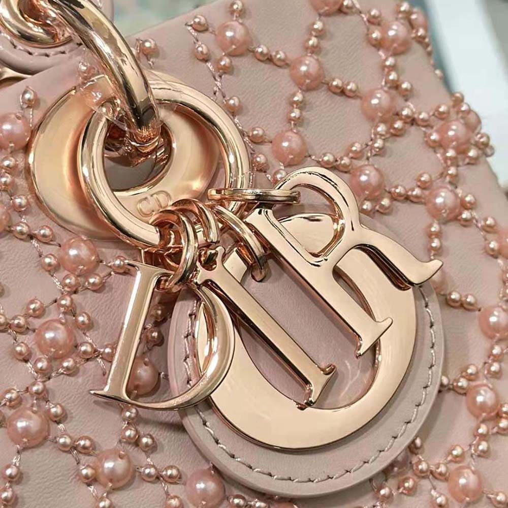 TÚI Dior Women Small Lady D-joy Bag Rose Des Vents Cannage Calfskin Embroidered with Resin Pearls