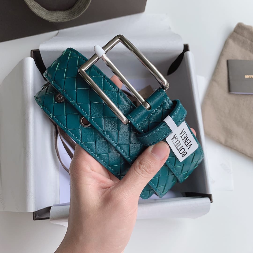 DÂY LƯNG BOTTGA VENETA GREEN INTRECCIATO LEATHER Khóa bạc