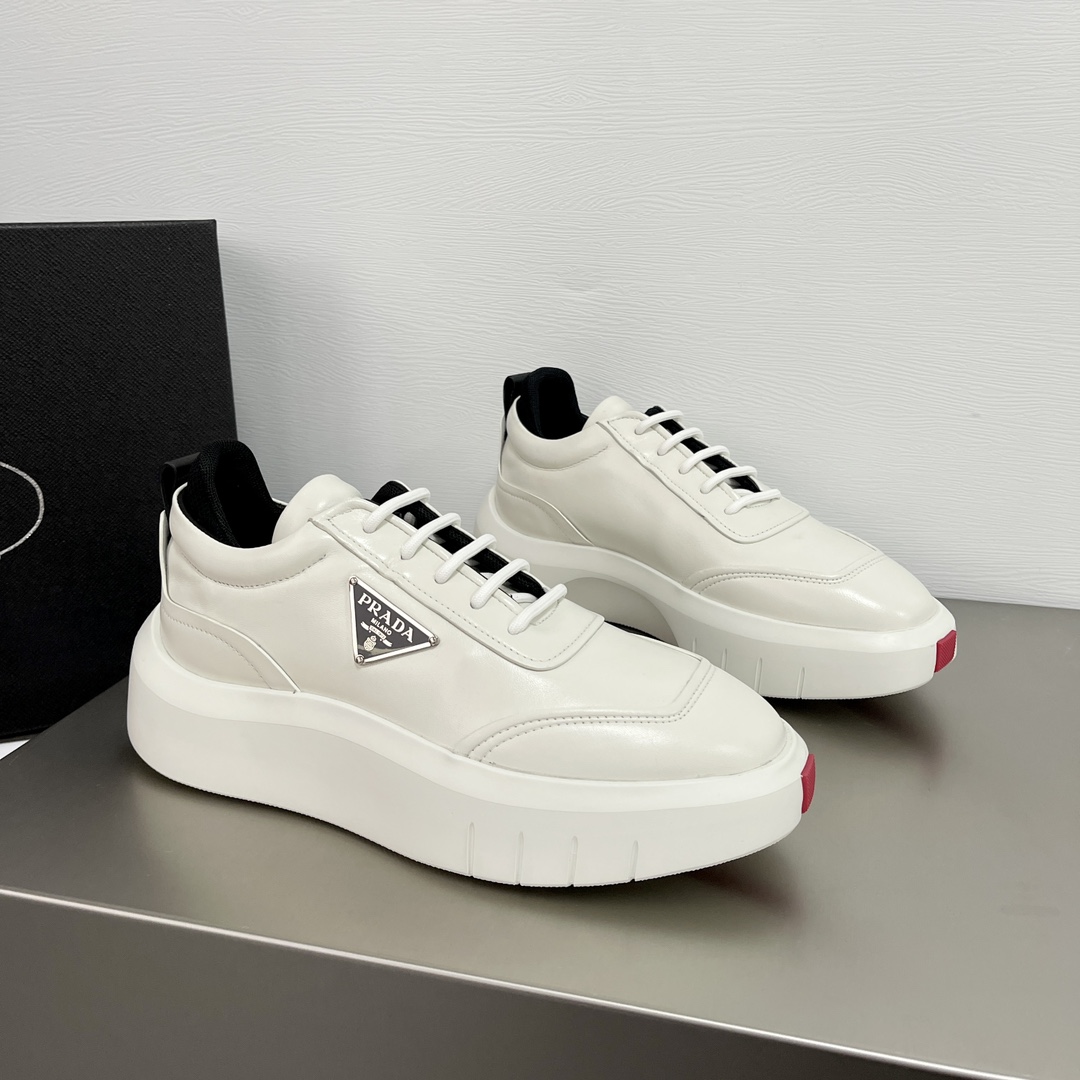 GIÀY PRADA Leather and Re-Nylon Sneakers White
