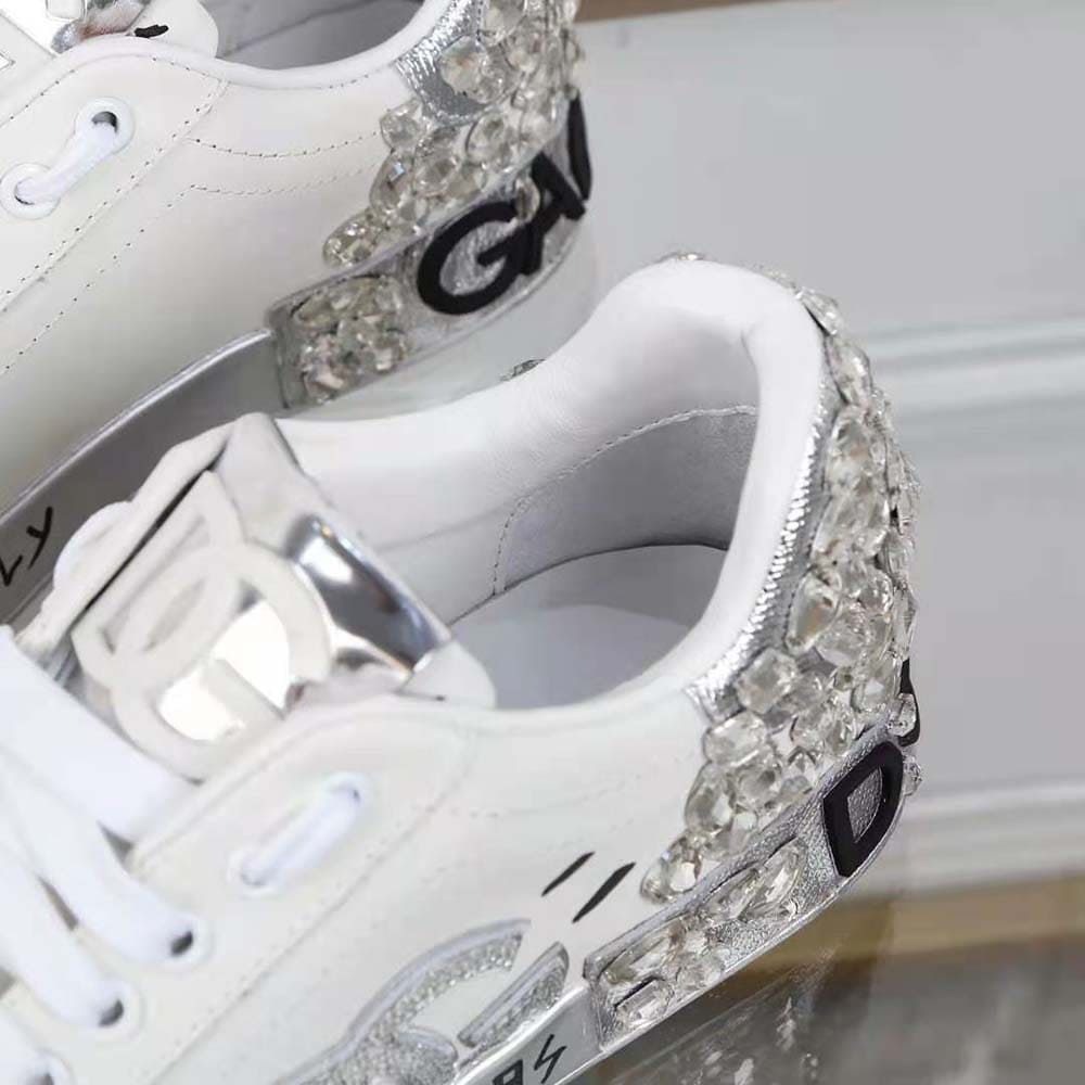 GIÀY DOLCE & GABBANA Printed Calfskin Nappa Portofino Sneakers with DG Logo and Embroidery-Silver