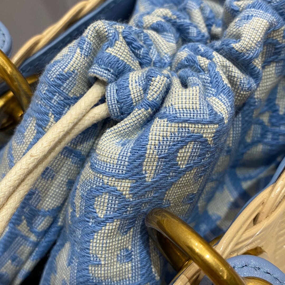 TÚI Dior Women Medium Lady Dior Bag Natural Wicker and Blue Dior Oblique Jacquard