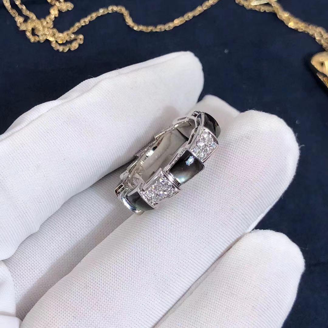 NHẪN BVLGARI Serpenti 18K White Gold Gray Mother-of-pearl and Pavé Diamonds