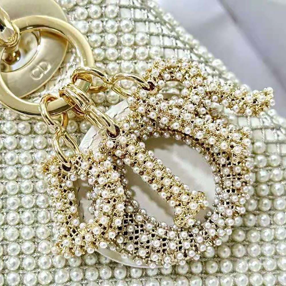 TÚI Dior Women Mini Lady Dior Bag Latte Calfskin Embroidered Entirely with White Resin Pearls