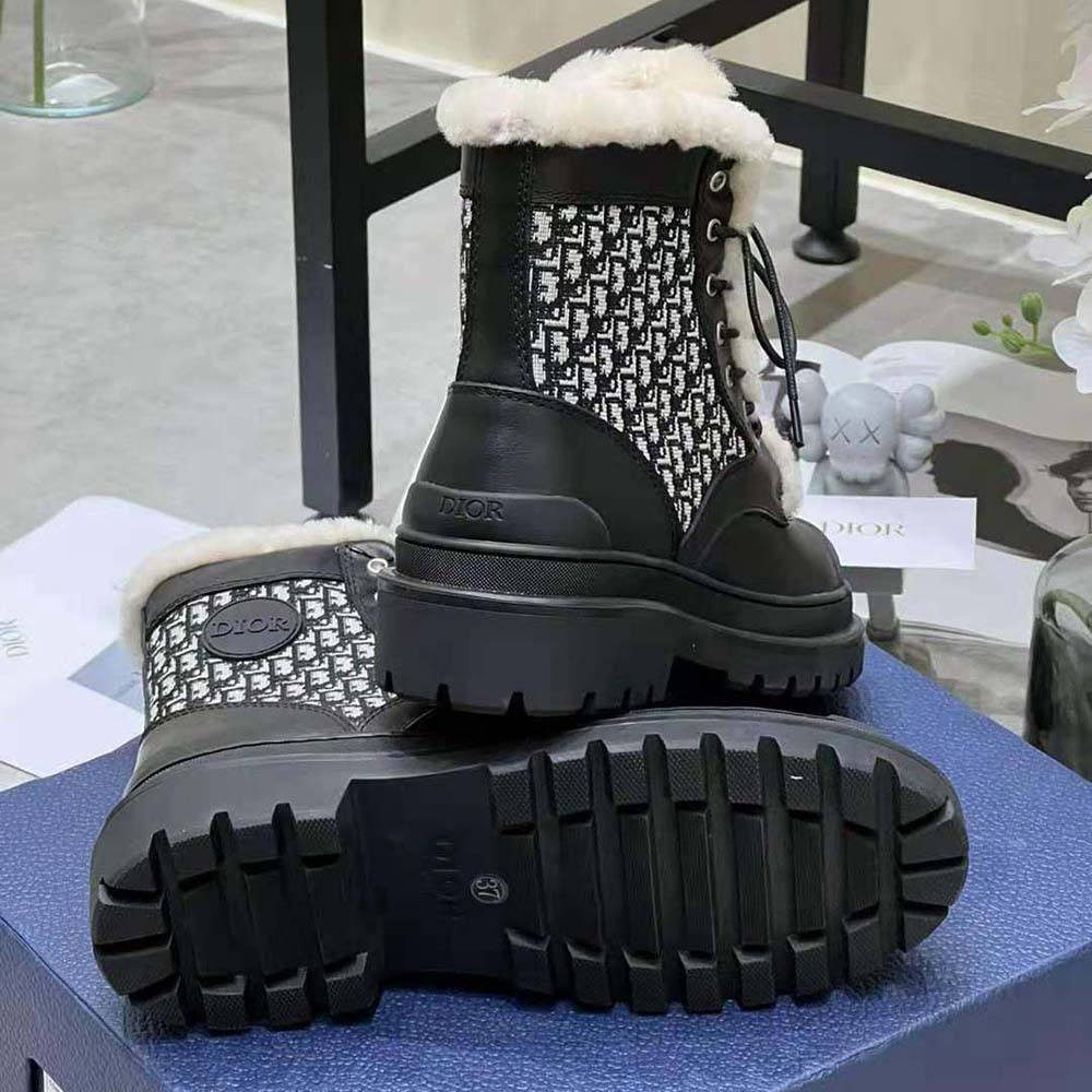 GIÀY Dior Explorer Ankle Boot Black Smooth Calfskin and Dior Oblique Jacquard