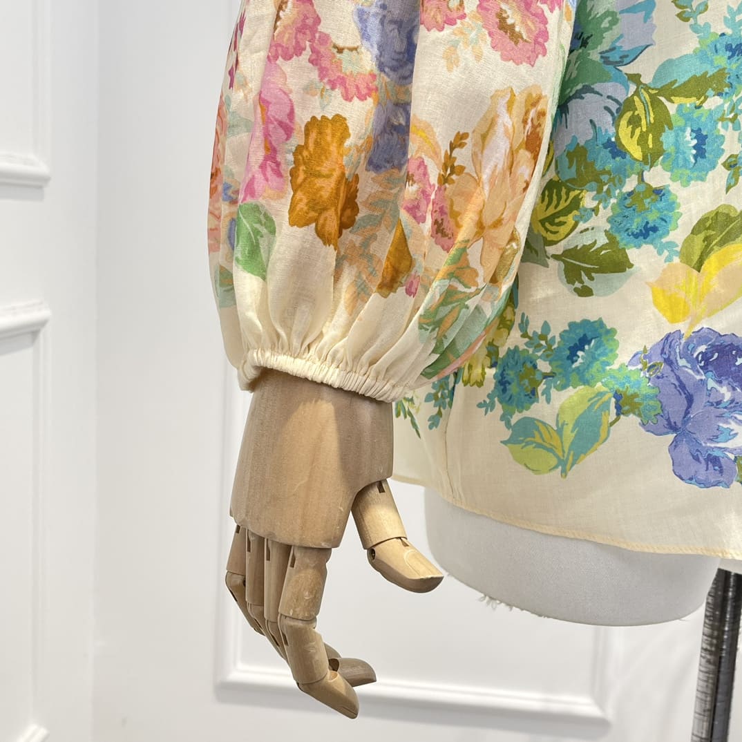 VÁY ZIMMERMANN Floral Printing Stand Collar Button Long Sleeve Blouse and Belt Shorts Woman Set High Classy