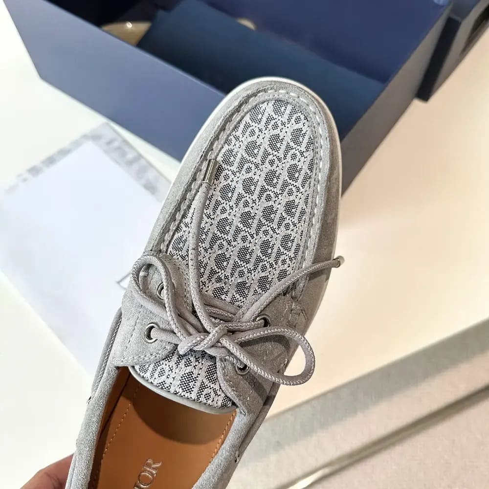 GIÀY DIOR Granville Boat Shoe Dior Gray Suede and Dior Oblique Jacquard