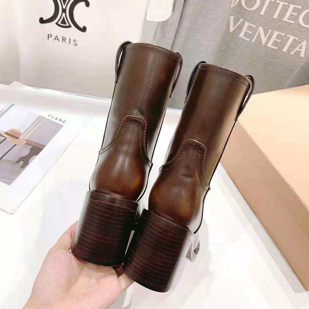 GIÀY Miu Miu Women Leather Booties with Hot-stamped Logo-Maroon