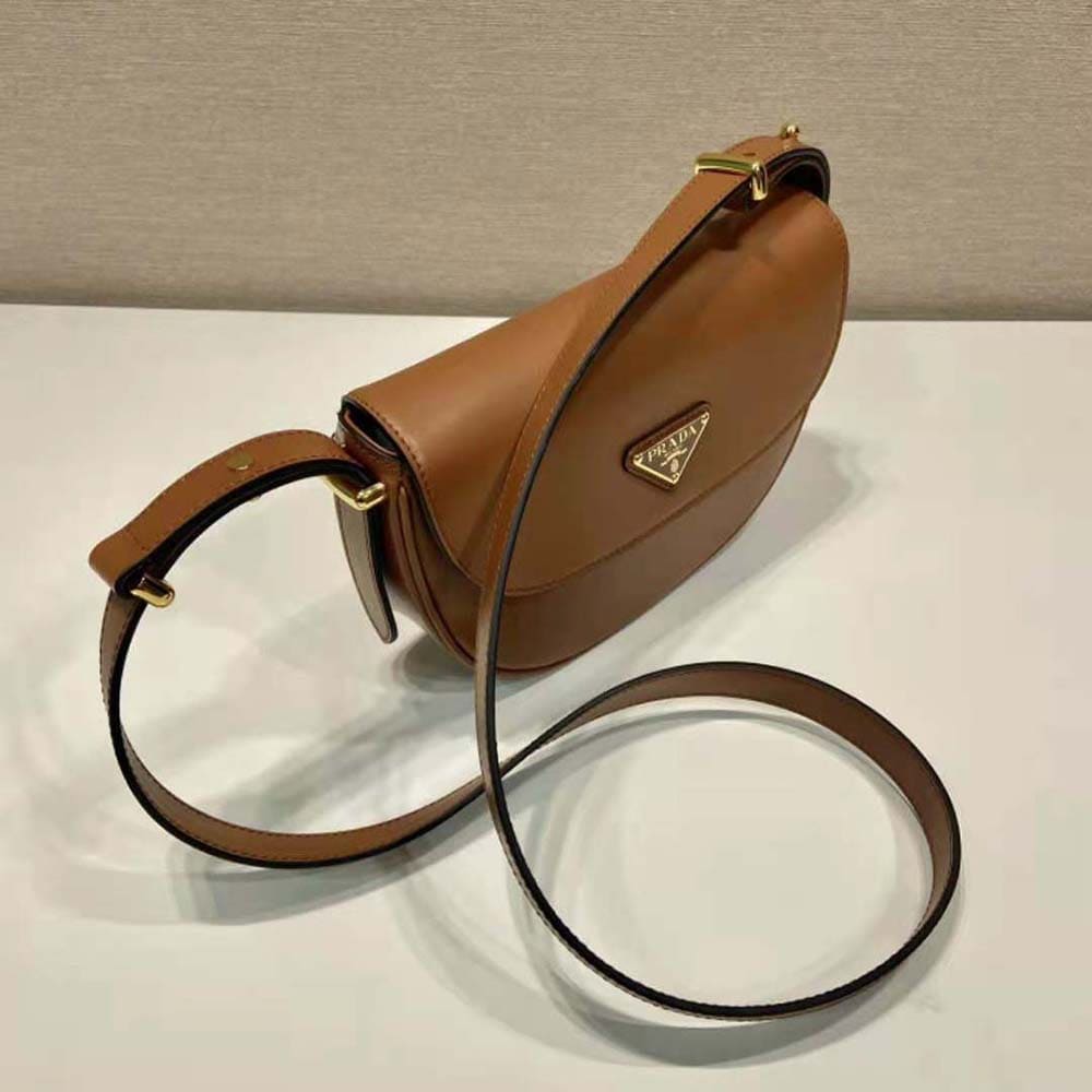 TÚI PRADA  Women Arqué Leather Shoulder Bag with Flap-Brown