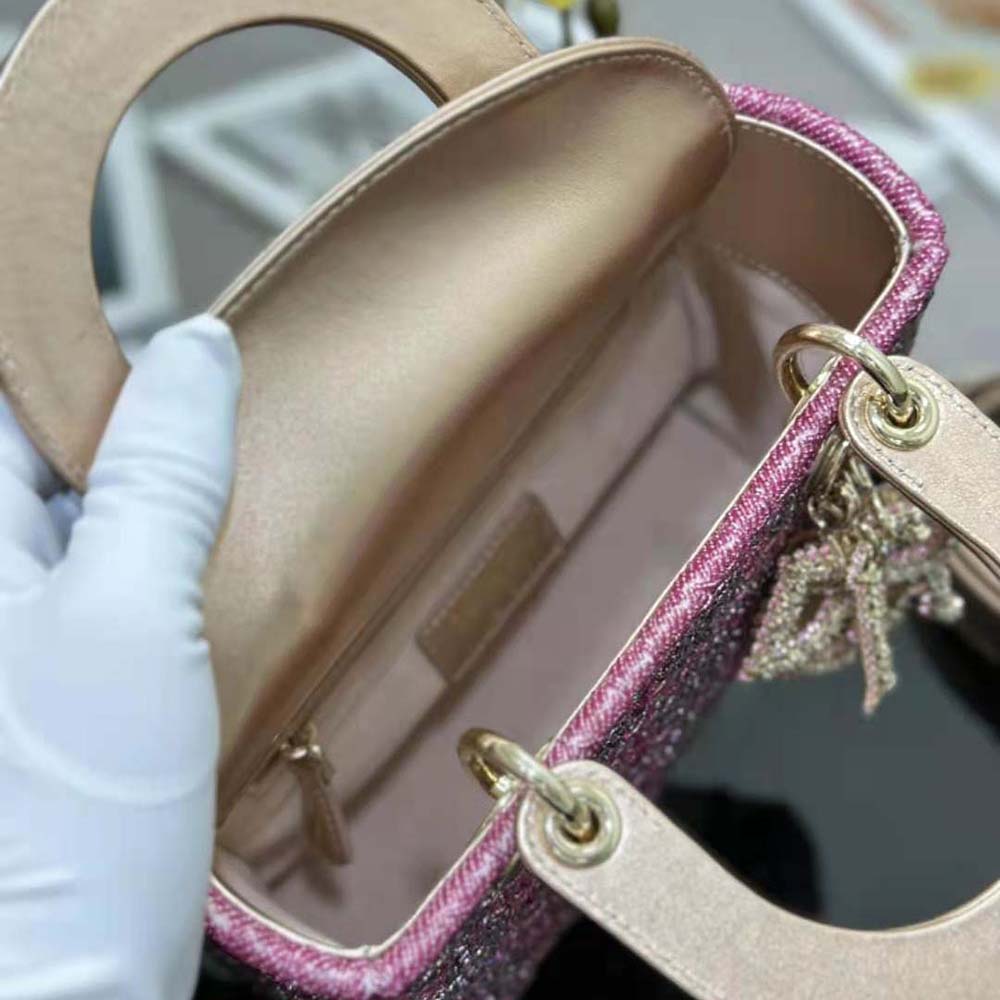 TÚI Dior Women Small Lady Dior Bag Metallic Calfskin and Satin with Rose Des Vents Resin Pearl Embroidery